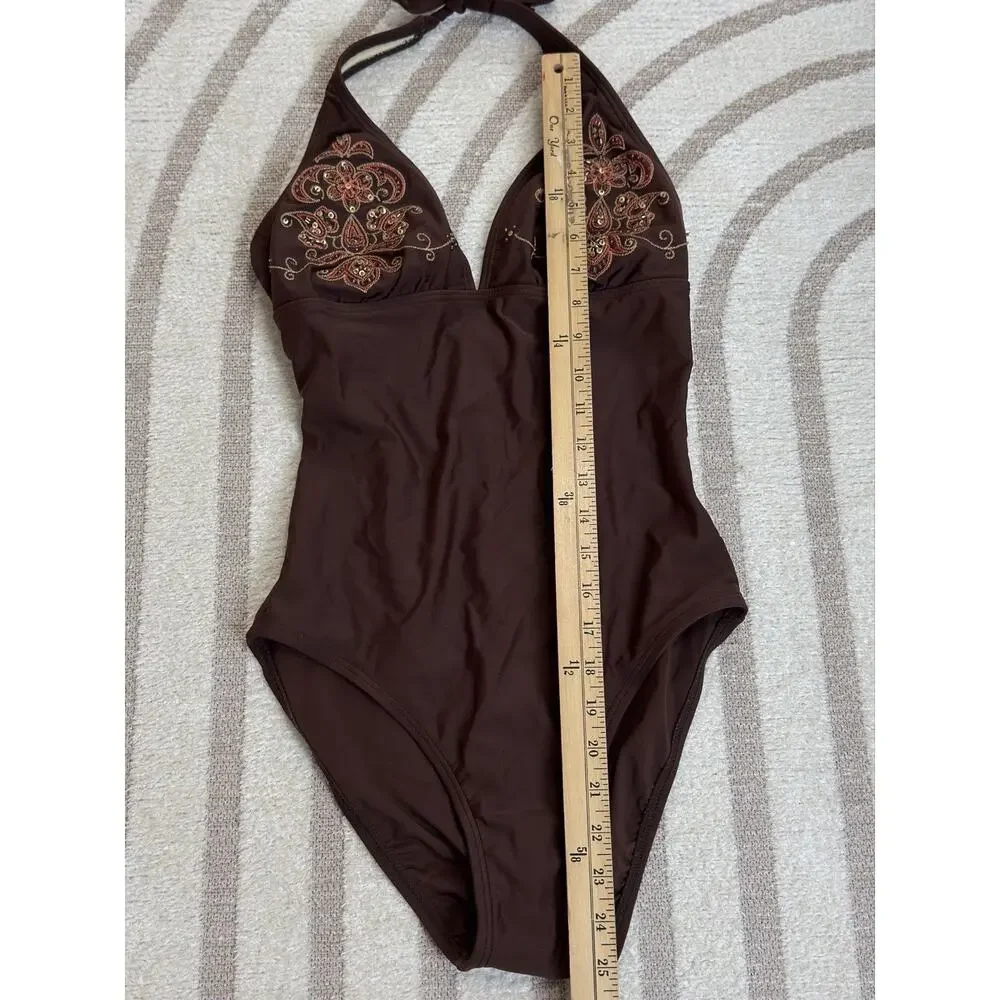 Liquid Blue Brown Halter One Piece Swimsuit Beaded Embroidered Swimwear Size M